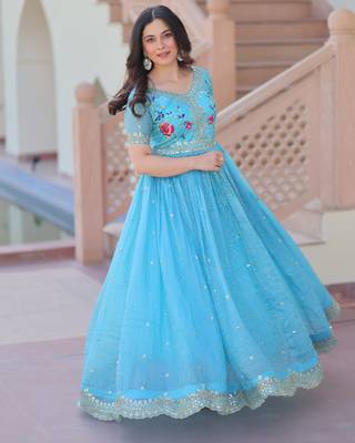 Sky blue gold crush embroidered designer anarkali set 2