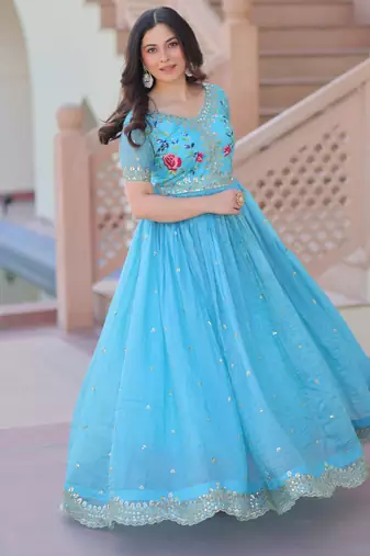 Sky blue gold crush embroidered designer anarkali set