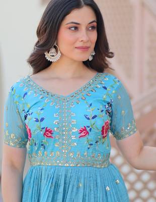 Sky blue gold crush embroidered designer anarkali set 3