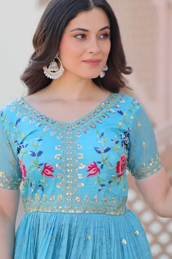 Sky blue gold crush embroidered designer anarkali set