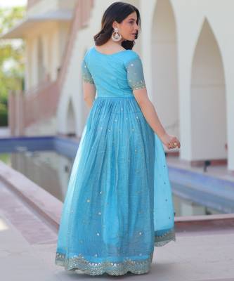 Sky blue gold crush embroidered designer anarkali set 4