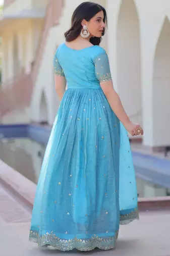 Sky blue gold crush embroidered designer anarkali set