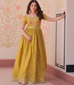 Mustard gold crush embroidered designer anarkali set