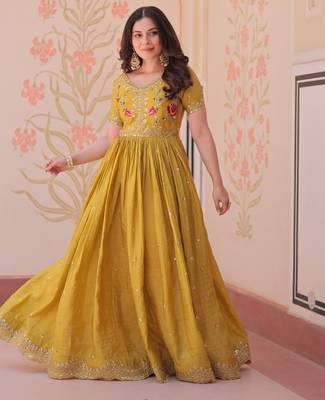Mustard gold crush embroidered designer anarkali set 2