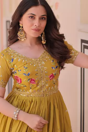 Mustard gold crush embroidered designer anarkali set