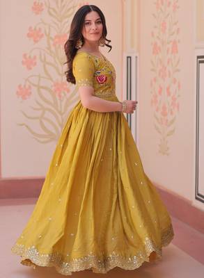 Mustard gold crush embroidered designer anarkali set 4