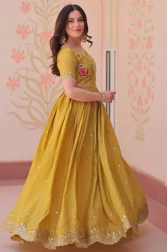 Mustard gold crush embroidered designer anarkali set