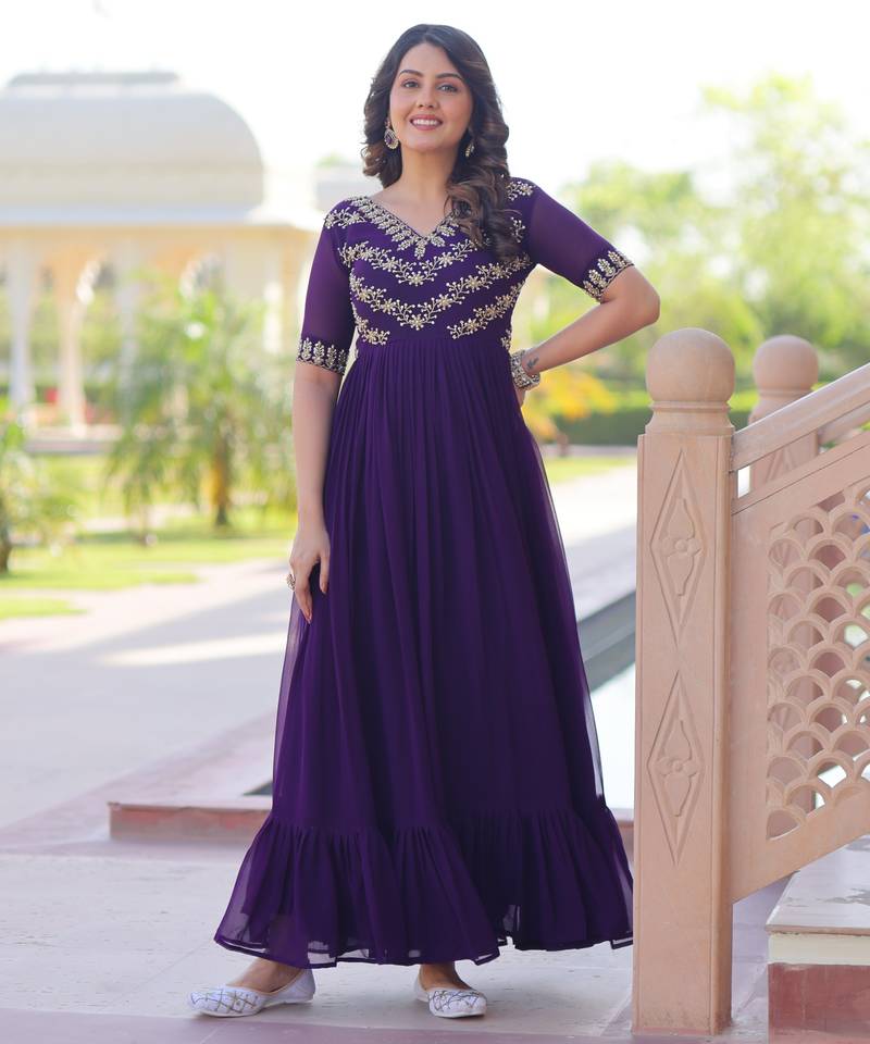 Purple faux blooming beads embroidered designer anarkali set