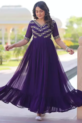 Purple faux blooming beads embroidered designer anarkali set