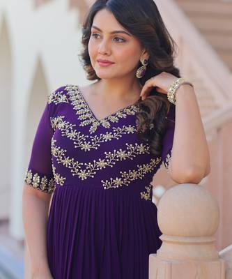 Purple faux blooming beads embroidered designer anarkali set 3