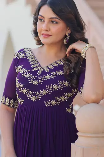 Purple faux blooming beads embroidered designer anarkali set