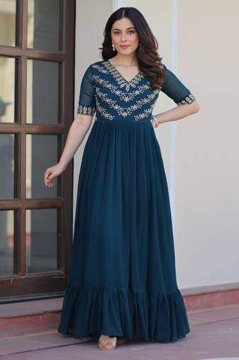 Teal faux blooming beads embroidered designer anarkali set