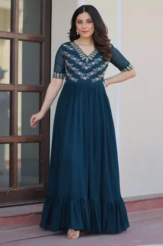 Teal faux blooming beads embroidered designer anarkali set