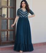 Teal faux blooming beads embroidered designer anarkali set