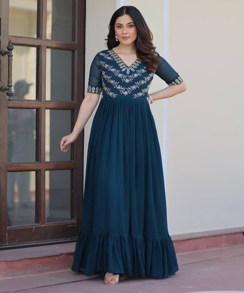 Teal faux blooming beads embroidered designer anarkali set