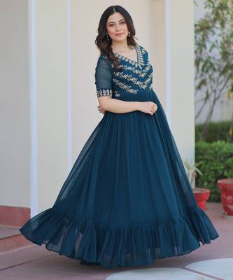 Teal faux blooming beads embroidered designer anarkali set 2