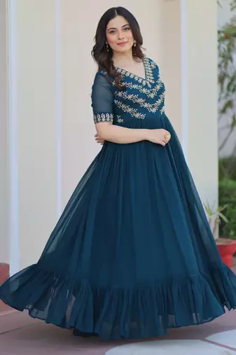 Teal faux blooming beads embroidered designer anarkali set