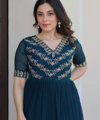 Teal faux blooming beads embroidered designer anarkali set 3