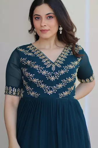 Teal faux blooming beads embroidered designer anarkali set