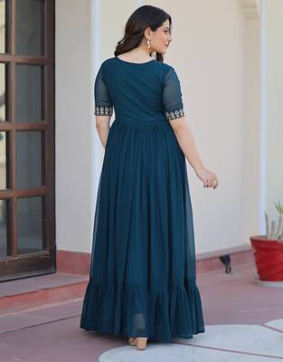 Teal faux blooming beads embroidered designer anarkali set 4
