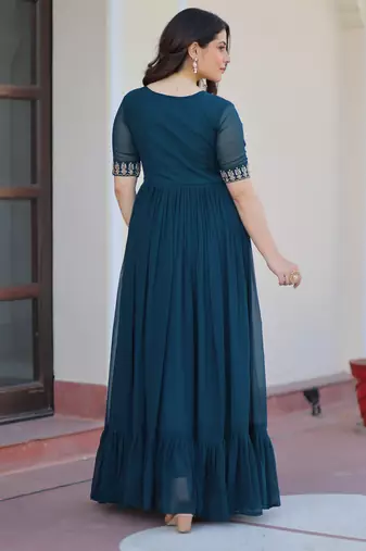 Teal faux blooming beads embroidered designer anarkali set