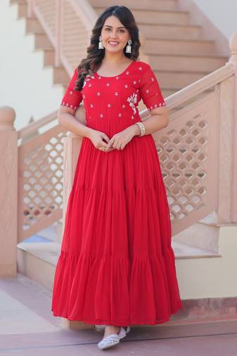 Red faux blooming beads embroidered designer anarkali set