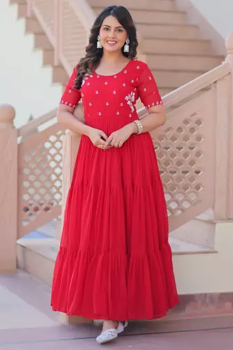 Red faux blooming beads embroidered designer anarkali set
