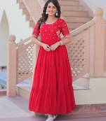 Red faux blooming beads embroidered designer anarkali set