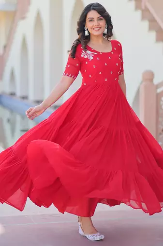 Red faux blooming beads embroidered designer anarkali set