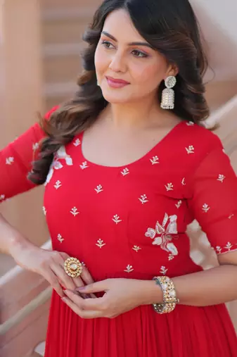 Red faux blooming beads embroidered designer anarkali set
