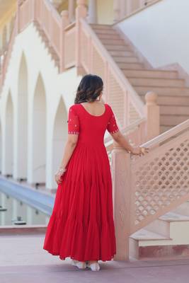 Red faux blooming beads embroidered designer anarkali set 4