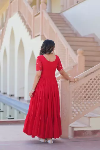 Red faux blooming beads embroidered designer anarkali set