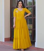 Yellow faux blooming beads embroidered designer anarkali set