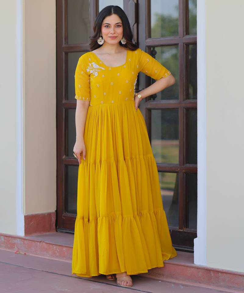 Yellow faux blooming beads embroidered designer anarkali set
