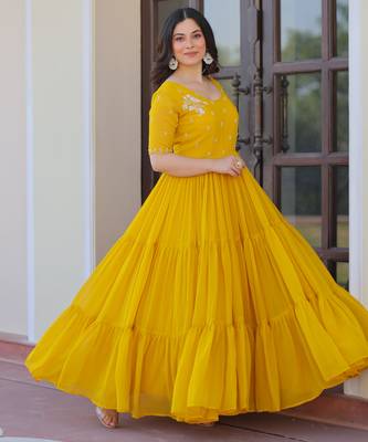Yellow faux blooming beads embroidered designer anarkali set 2