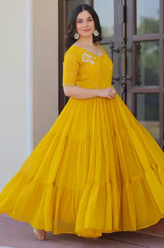 Yellow faux blooming beads embroidered designer anarkali set