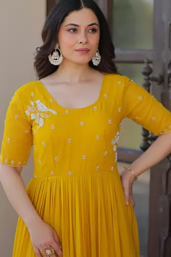 Yellow faux blooming beads embroidered designer anarkali set