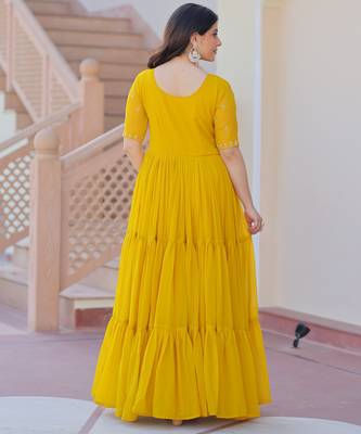 Yellow faux blooming beads embroidered designer anarkali set 4
