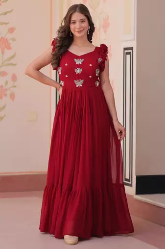 Maroon faux blooming beads embroidered designer anarkali set