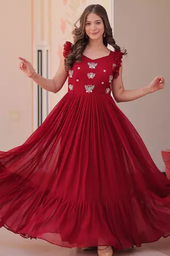 Maroon faux blooming beads embroidered designer anarkali set