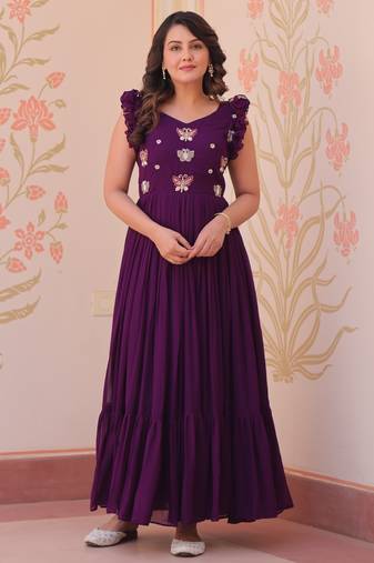 Purple faux blooming beads embroidered designer anarkali set