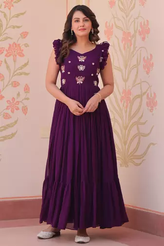 Purple faux blooming beads embroidered designer anarkali set