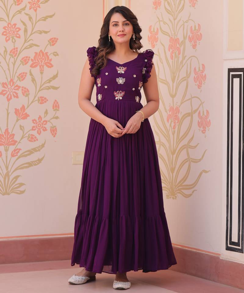 Purple faux blooming beads embroidered designer anarkali set