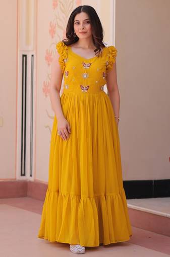 Yellow faux blooming beads embroidered designer anarkali set