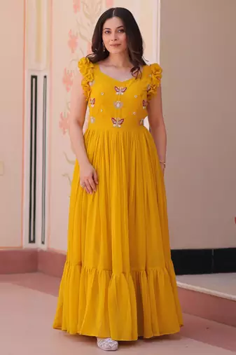 Yellow faux blooming beads embroidered designer anarkali set