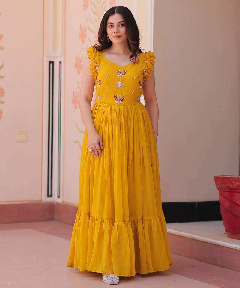 Yellow faux blooming beads embroidered designer anarkali set