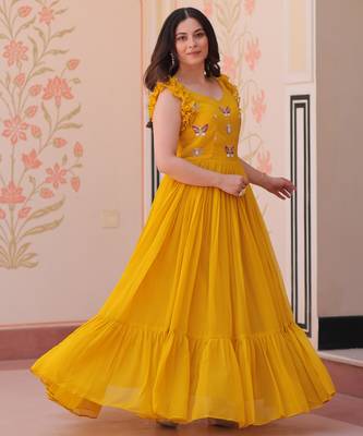 Yellow faux blooming beads embroidered designer anarkali set 2
