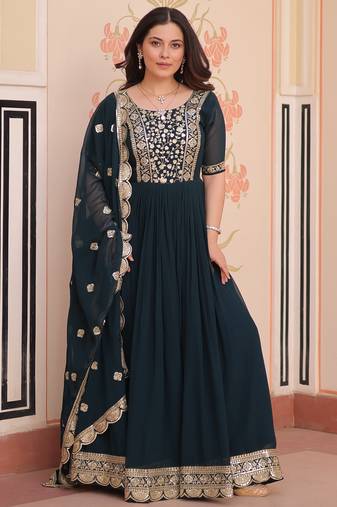 Teal faux blooming embroidered anarkali set with dupatta