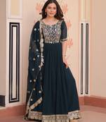 Teal faux blooming embroidered anarkali set with dupatta