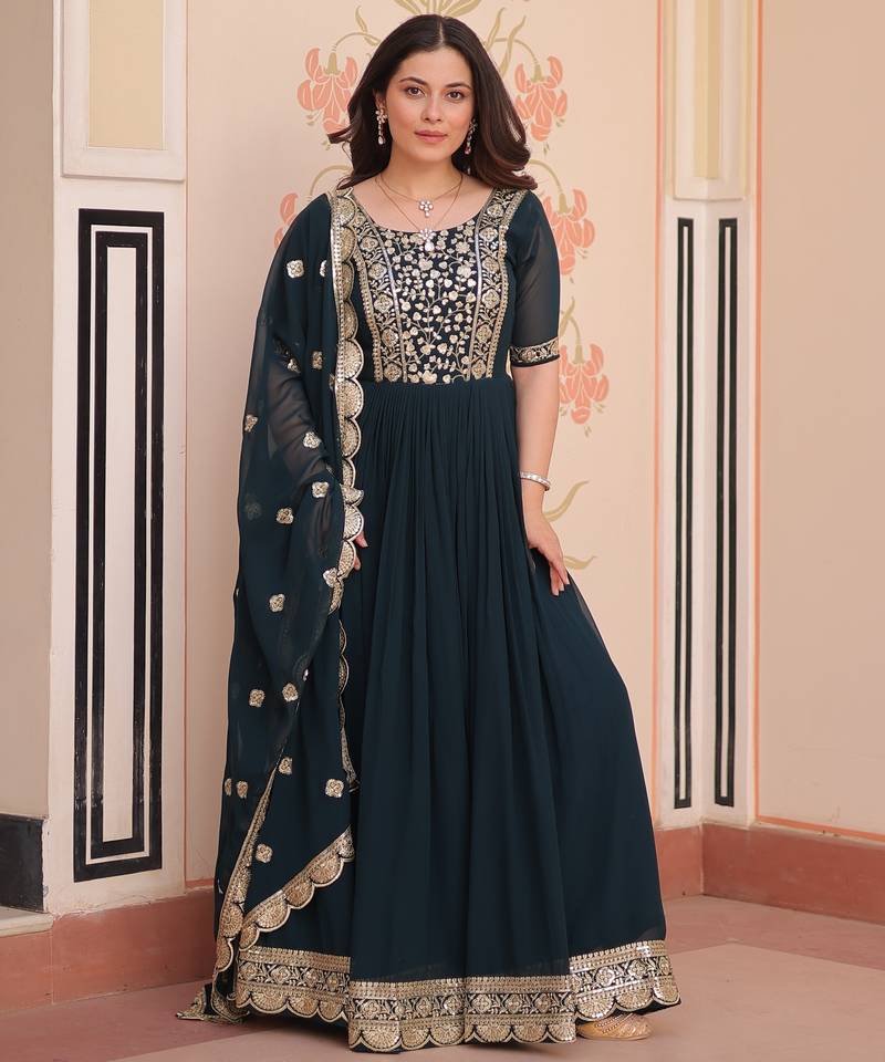 Teal faux blooming embroidered anarkali set with dupatta